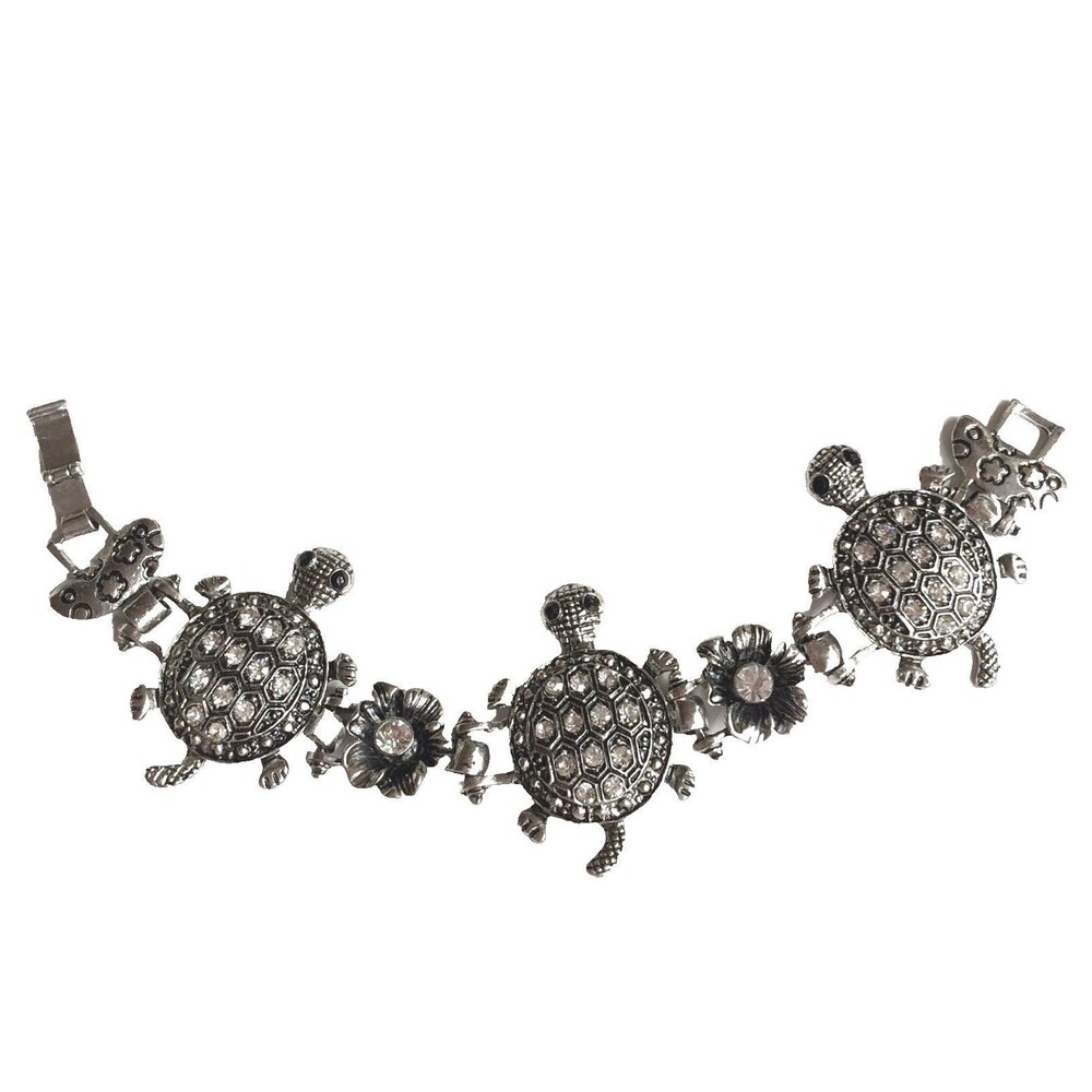 Silver Sea Turtle Charm Bracelet Crystal 7.5" Island Nautical Beach Plated